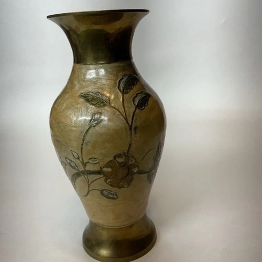 VTG Solid Brass Floral Hand Covered/Painted‎ Enamel Vase 8